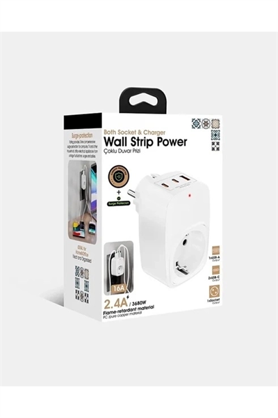 Tekli Yüksek Voltaj Korumalı Duvar Prizi 2x Type-c 1x Usb Çıkışlı Priz Grup Priz Çoğaltıcı Beyaz