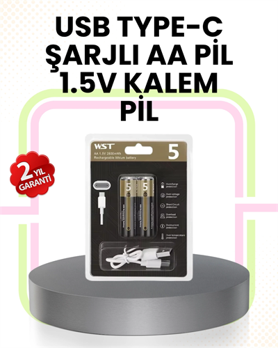 Tekrar Şarj Edilebilir AA USB Type-C Pil | 1000+ Döngü | 1.5V Sabit Voltaj