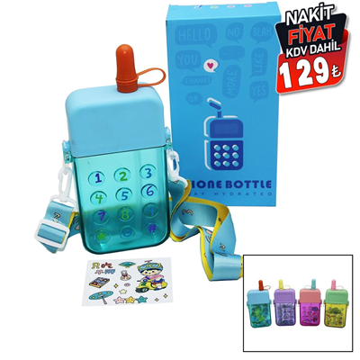 Telefon Modeli Renkli Mika Kristal Suluk Matara Pipetli - Vidalı Kapak - Askılı 300ml Bx40