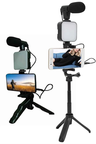 Telefon Tutucu Led Işıklı Kumandalı Mikrofon Telefon Vlog Video Kayıt