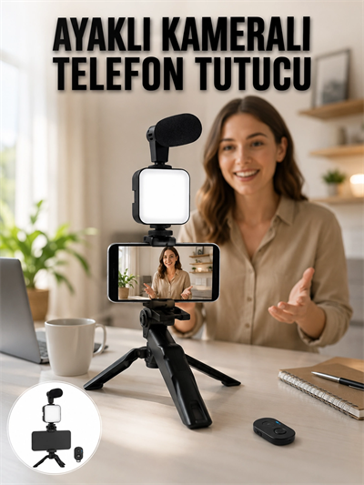 Telefon Tutucu Led Işıklı Kumandalı Mikrofon Telefon Vlog Video Kayıt Yeni Nesil
