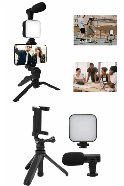 Telefon Tutucu Mini Mikrofonlu Tripod Vlog Çekim Video