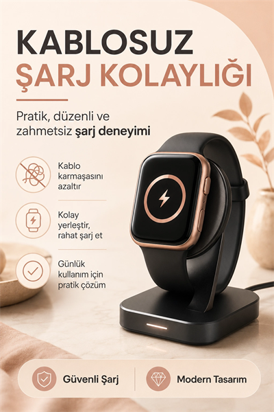 Telefon Uyumlu Rose Gold Akıllı Saat Kablosuz Şarj Destekli Şık Tasarımlı Kullanım