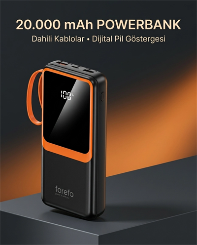 Telefon ve Mobil Cihaz Uyumlu 20000 mAh Powerbank Dahili Kablolu Dijital Göstergeli