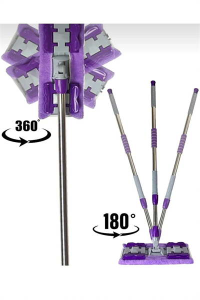 Teleskobik Cam Yer Tavan Silme - İstediğin Bezi Tak Kullan - 4 Mandallı -yedek Bezli Mop Seti
