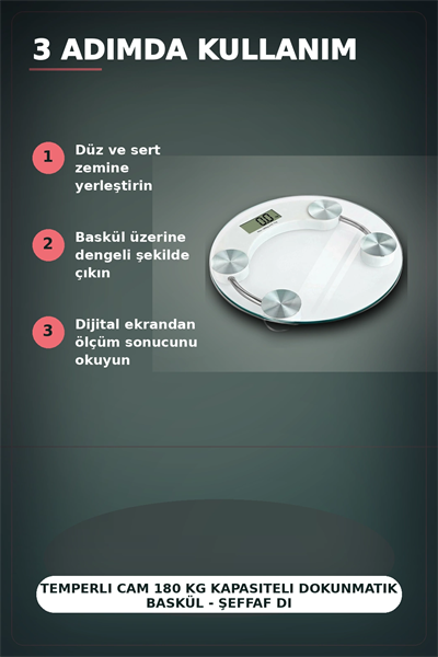 Temperli Cam 180 Kg Kapasiteli Dokunmatik Baskül - Şeffaf Dijital Tartı, Ev Kullanımı BX-313434