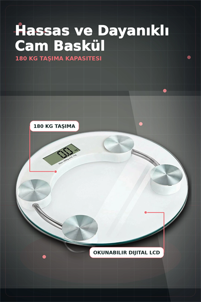 Temperli Cam 180 Kg Kapasiteli Dokunmatik Baskül - Şeffaf Dijital Tartı, Ev Kullanımı BX-313434