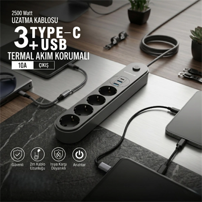 Termal Akım Korumalı 4 Prizli USB Girişli Uzatma Kablosu