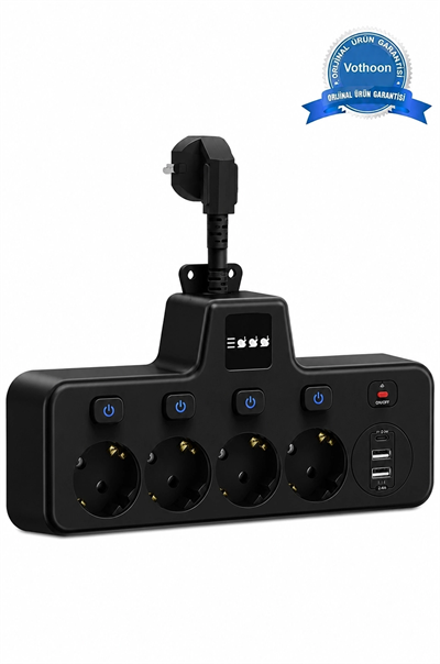 Termal Akım Korumalı 4’lü Duvar Tipi Priz 2x Usb 2x Type-c Çıkışlı Grup Priz Çoğaltıcı Siyah (2500w)