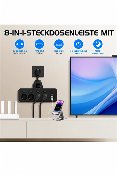 Termal Akım Korumalı 4’lü Duvar Tipi Priz 2x Usb 2x Type-c Çıkışlı Grup Priz Çoğaltıcı Siyah (2500w)