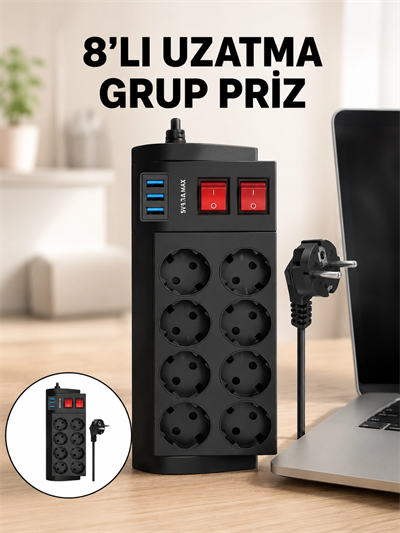 Termal Korumalı 8 Prizli 3 USB’li Uzatma Kablosu Yeni Nesil