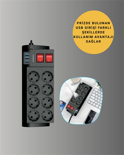 Termal Korumalı 8 Prizli 3 USB’li Uzatma Kablosu