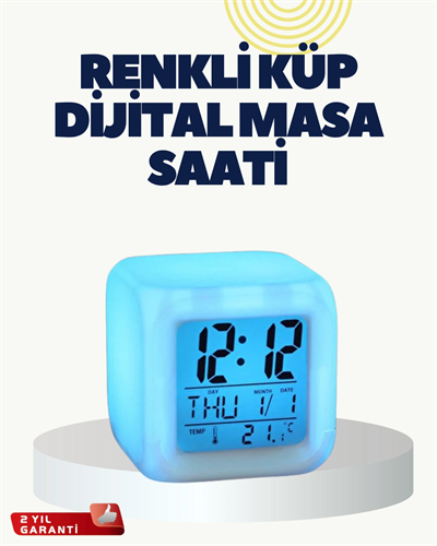 Termometre ve Takvim Özellikli 7 Renk Değiştiren Küp Alarm Saati