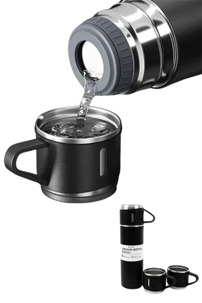 Termos Paslanmaz Çelik Termos Siyah Renk 3 Bardaklı Termos Seti
