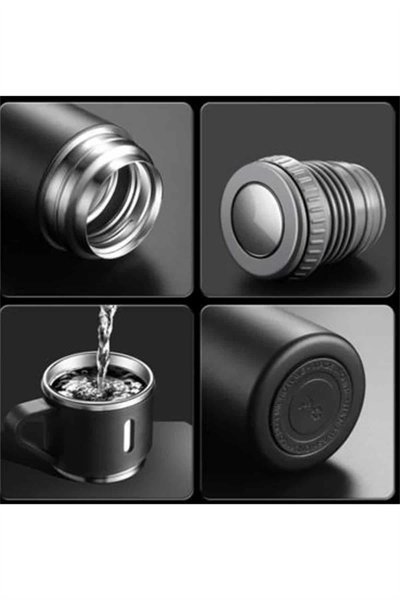 Termos Paslanmaz Çelik Termos Siyah Renk 3 Bardaklı Termos Seti