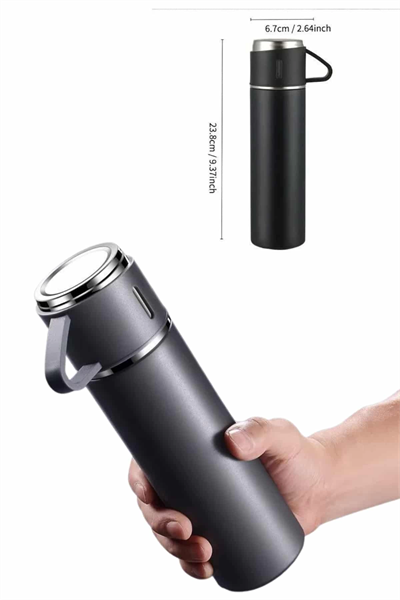 Termos Paslanmaz Çelik Termos Siyah Renk 3 Bardaklı Termos Seti