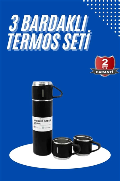 Termos Seti 3lü Bardak Seti Isı Dayanıklı Siyah Paslanmaz Çelik Vakumlu