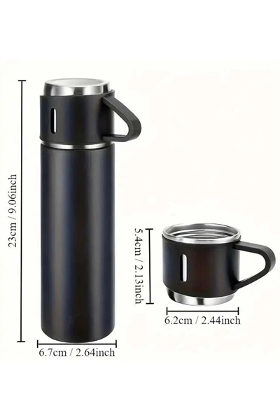 Termos Seti 3lü Bardak Seti Isı Dayanıklı Siyah Paslanmaz Çelik Vakumlu