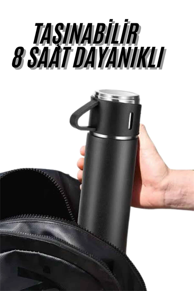 Termos Seti 3lü Bardak Seti Isı Dayanıklı Siyah Paslanmaz Çelik Vakumlu