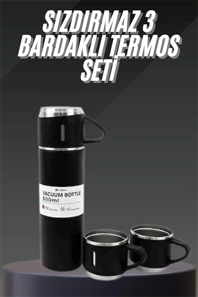 Termos Seti Paslanmaz Çelik 3 Bardaklı Vakumlu Termos Set 500 Ml 12 Saate Kadar Isı Koruma