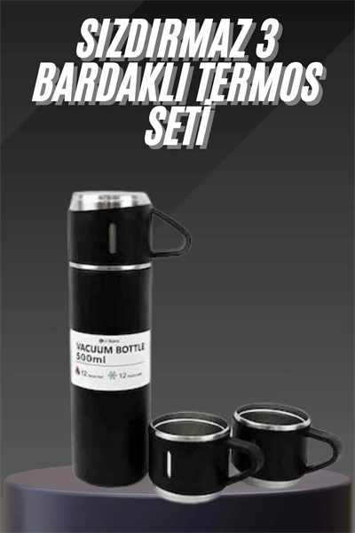 Termos Seti Paslanmaz Çelik 3 Bardaklı Vakumlu Termos Set 500 Ml 12 Saate Kadar Isı Koruma