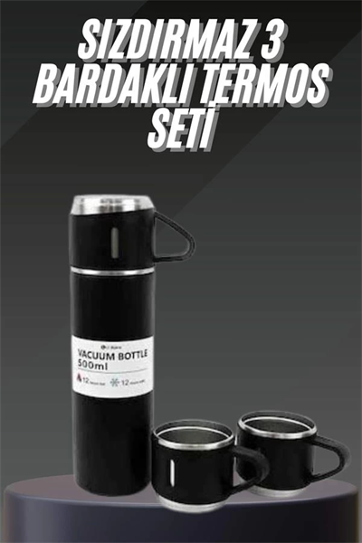 Termos Seti Paslanmaz Çelik 3 Bardaklı Vakumlu Termos Set 500 Ml 12 Saate Kadar Isı Koruma