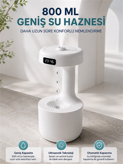 Ters Akan Su Damlası Nemlendirici 800 ml Sessiz Ultrasonik Oda Nemlendirici
