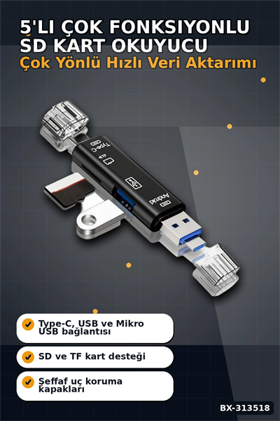 Tip-C Micro Usb Girişli 5li Çok Fonksiyonlu Sd Kart Okuyucu Otg Dönüştürücü BX-313518