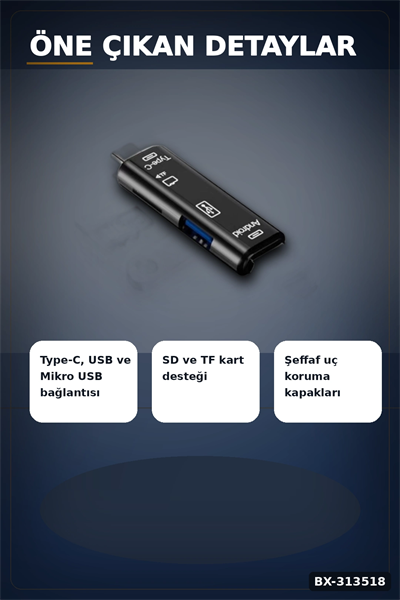 Tip-C Micro Usb Girişli 5li Çok Fonksiyonlu Sd Kart Okuyucu Otg Dönüştürücü BX-313518
