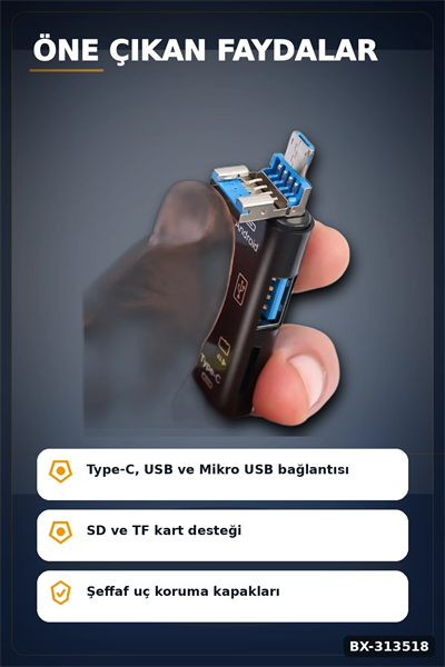 Tip-C Micro Usb Girişli 5li Çok Fonksiyonlu Sd Kart Okuyucu Otg Dönüştürücü BX-313518