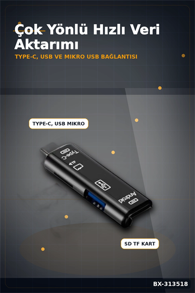 Tip-C Micro Usb Girişli 5li Çok Fonksiyonlu Sd Kart Okuyucu Otg Dönüştürücü BX-313518