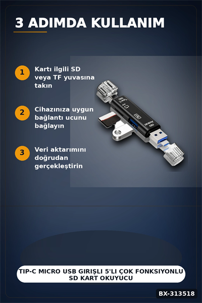 Tip-C Micro Usb Girişli 5li Çok Fonksiyonlu Sd Kart Okuyucu Otg Dönüştürücü BX-313518