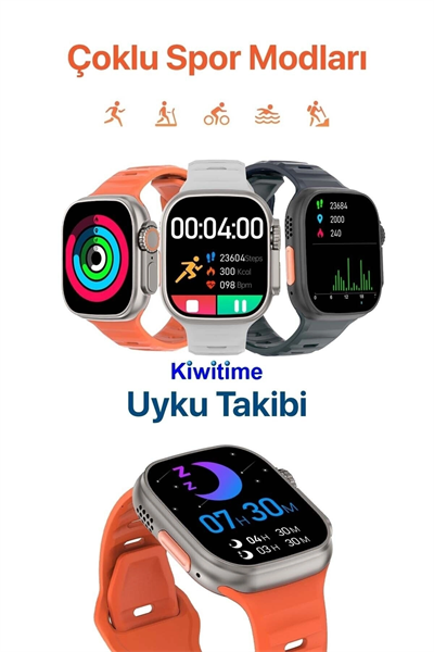 Titanyum Kasa Bluetooth Aramalı Akıllı Saat, Nabız ve Uyku Takibi Özellikli, Siyah Silikon Kordonlu