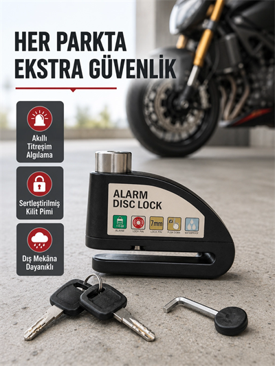 Titreşim Sensörlü Alarmlı Motosiklet Disk Kilidi 14mm Çelik Çift Kilitleme
