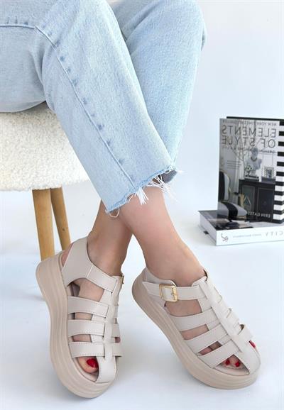 Toten Bej Cilt Kemerli Sandalet