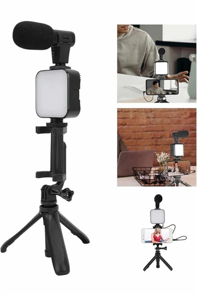 Tripod Telefon Tutucu Kumandalı Mikrofon Led Işık Vlog Video Kayıt