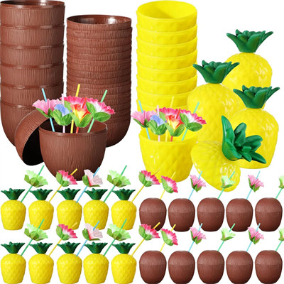 Tropikal Parti Bardak Seti – Ananas ve Hindistan Cevizi Şekilli Pipetli Bardaklar (20 Adet)