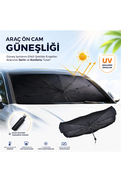 Tüm Araçlara Uyumlu Katlanır Şemsiye Oto Ön Cam Güneşliği Perde Gölgelik UV Blok