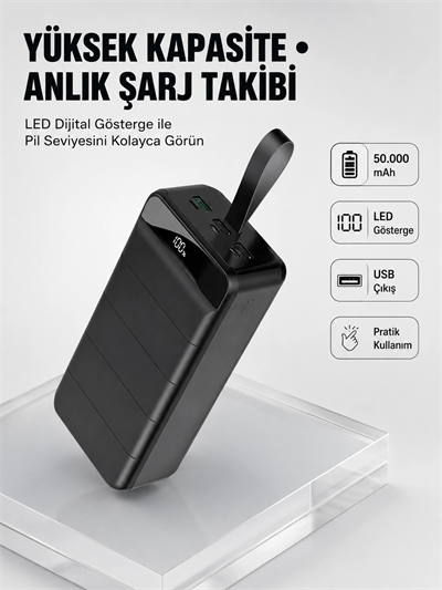 Tüm Cihazlarla Uyumlu 50.000 mAh Powerbank – Yüksek Kapasiteli, LED Gösterge ve Akıllı Koruma Fonksiyonlu