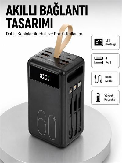 Tüm Cihazlarla Uyumlu LED Fenerli 4 Çıkışlı Powerbank Yeni Nesil