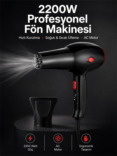 Tüm Saç Tiplerine Uygun, İki Kademeli Hız Ayarlı Fön Makinesi