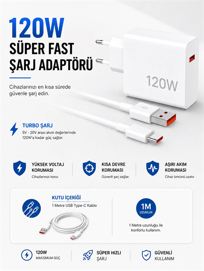 Turbo 120W Hızlı Şarj Cihazı Type-C Kablolu