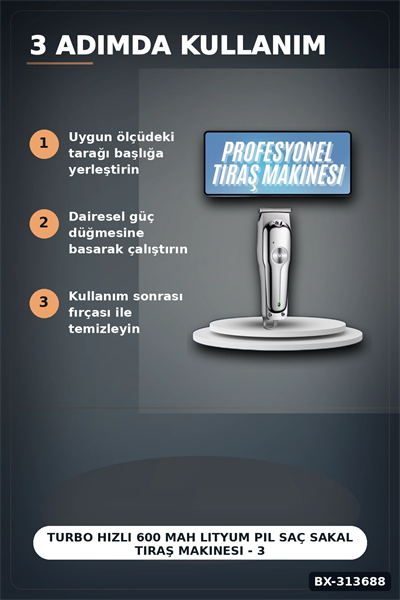 Turbo Hızlı 600 mAh Lityum Pil Saç Sakal Tıraş Makinesi - 3 Taraklı Kablosuz BX-313688