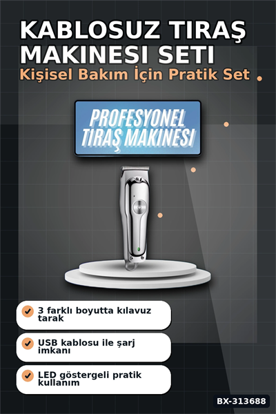 Turbo Hızlı 600 mAh Lityum Pil Saç Sakal Tıraş Makinesi - 3 Taraklı Kablosuz BX-313688