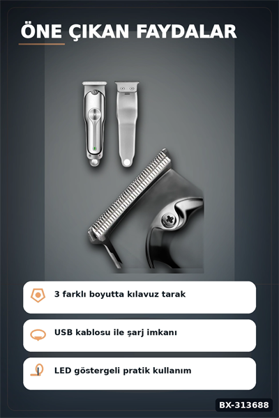 Turbo Hızlı 600 mAh Lityum Pil Saç Sakal Tıraş Makinesi - 3 Taraklı Kablosuz BX-313688