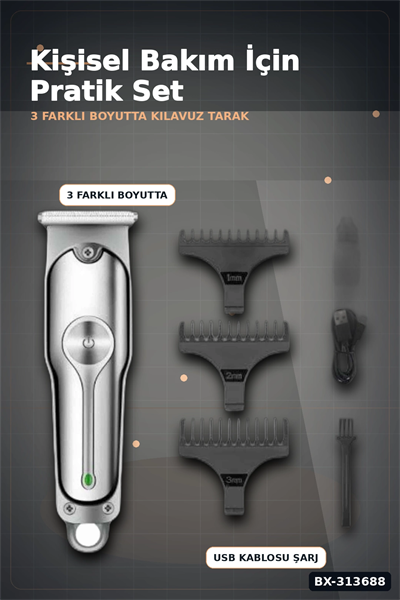 Turbo Hızlı 600 mAh Lityum Pil Saç Sakal Tıraş Makinesi - 3 Taraklı Kablosuz BX-313688