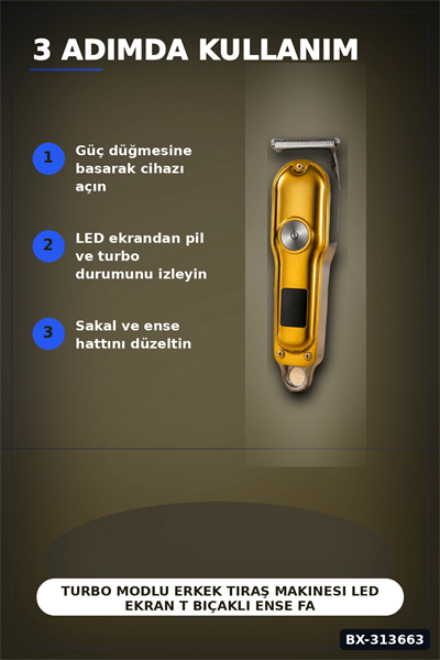 Turbo Modlu Erkek Tıraş Makinesi Led Ekran T Bıçaklı Ense Favori Şekillendirme Usb BX-313663