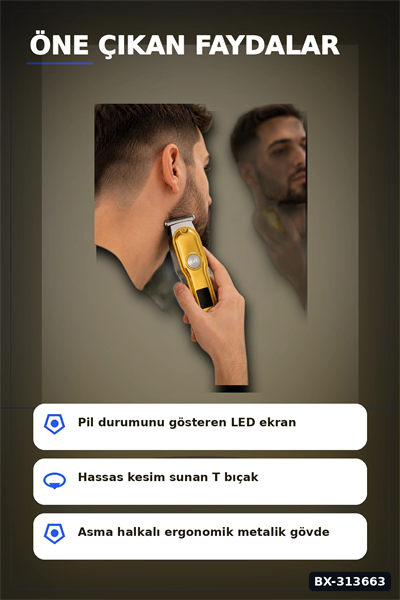 Turbo Modlu Erkek Tıraş Makinesi Led Ekran T Bıçaklı Ense Favori Şekillendirme Usb BX-313663