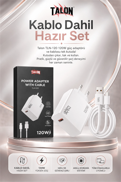 Turbo Şarj Destekli 120W Adaptör Ve Kablo Seti Telefon Uyumlu Pratik Kullanım