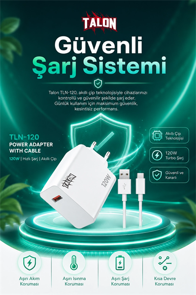 Turbo Şarj Destekli 120W Adaptör Ve Kablo Seti Telefon Uyumlu Pratik Kullanım